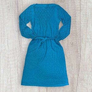 Vintage Just Mort Blue Boatneck Knit Sweater Dress Belted Eyelet Detail Womens M